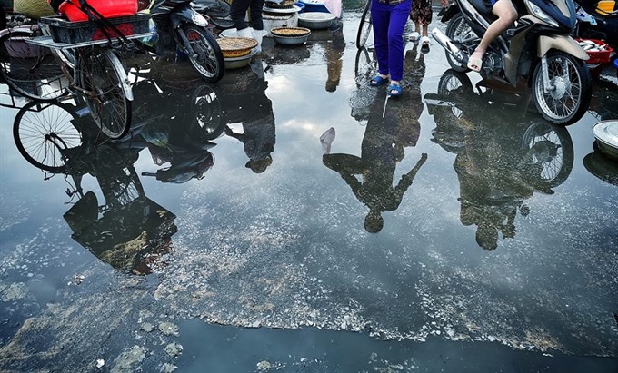 The blue sky reflects on the waterlogged ground of Cửa Lò Fish Market in the central coastal city of Vinh Nghệ An Province. — VNS Photo Việt Thanh 